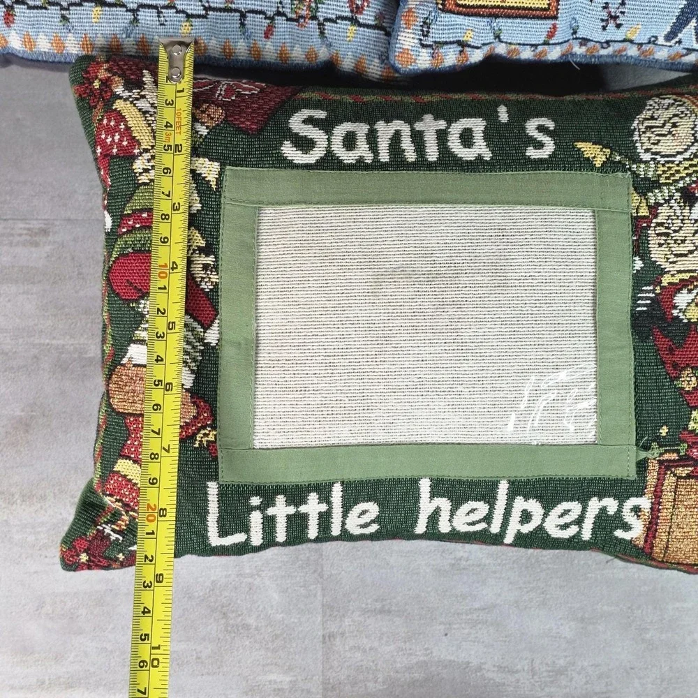 3 Santa's Christmas tapestry pillows Teddy Bear Elf clear picture Pocket 4x6 Vtg